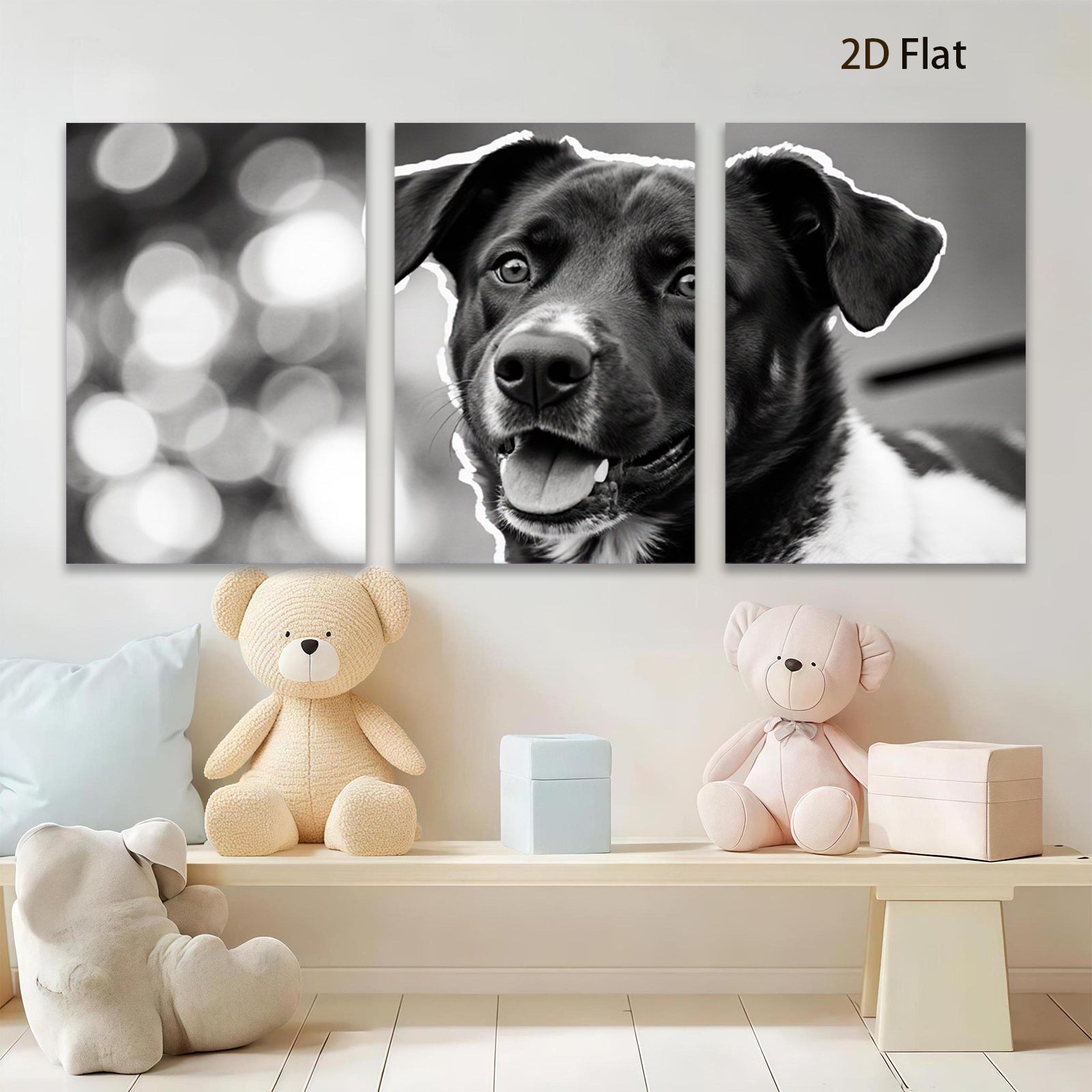 2D flat 1pc Happy Dog Portrait Wall Art Canvas Prints for Living Room Bedroom Home Decor Farmhouse Style Gallery Wrapped Modern Animal Paintings