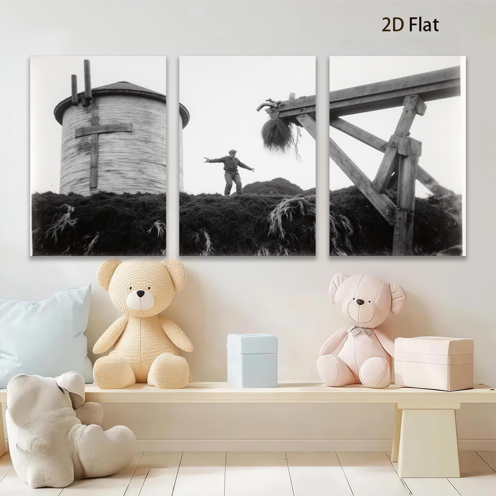 2D flat 1pc Haystack Worker Near Water Tower Farm Life Nostalgia Rustic Wall Decor Living Room Bedroom Kitchen Gallery Wrapped Canvas Print