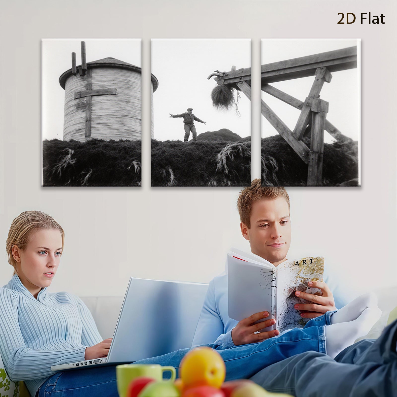 2D flat 1pc Haystack Worker Near Water Tower Farm Life Nostalgia Rustic Wall Decor Living Room Bedroom Kitchen Gallery Wrapped Canvas Print