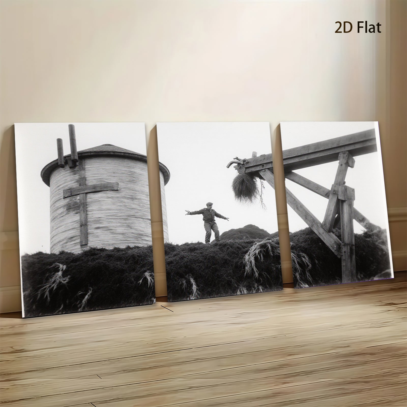 2D flat 1pc Haystack Worker Near Water Tower Farm Life Nostalgia Rustic Wall Decor Living Room Bedroom Kitchen Gallery Wrapped Canvas Print