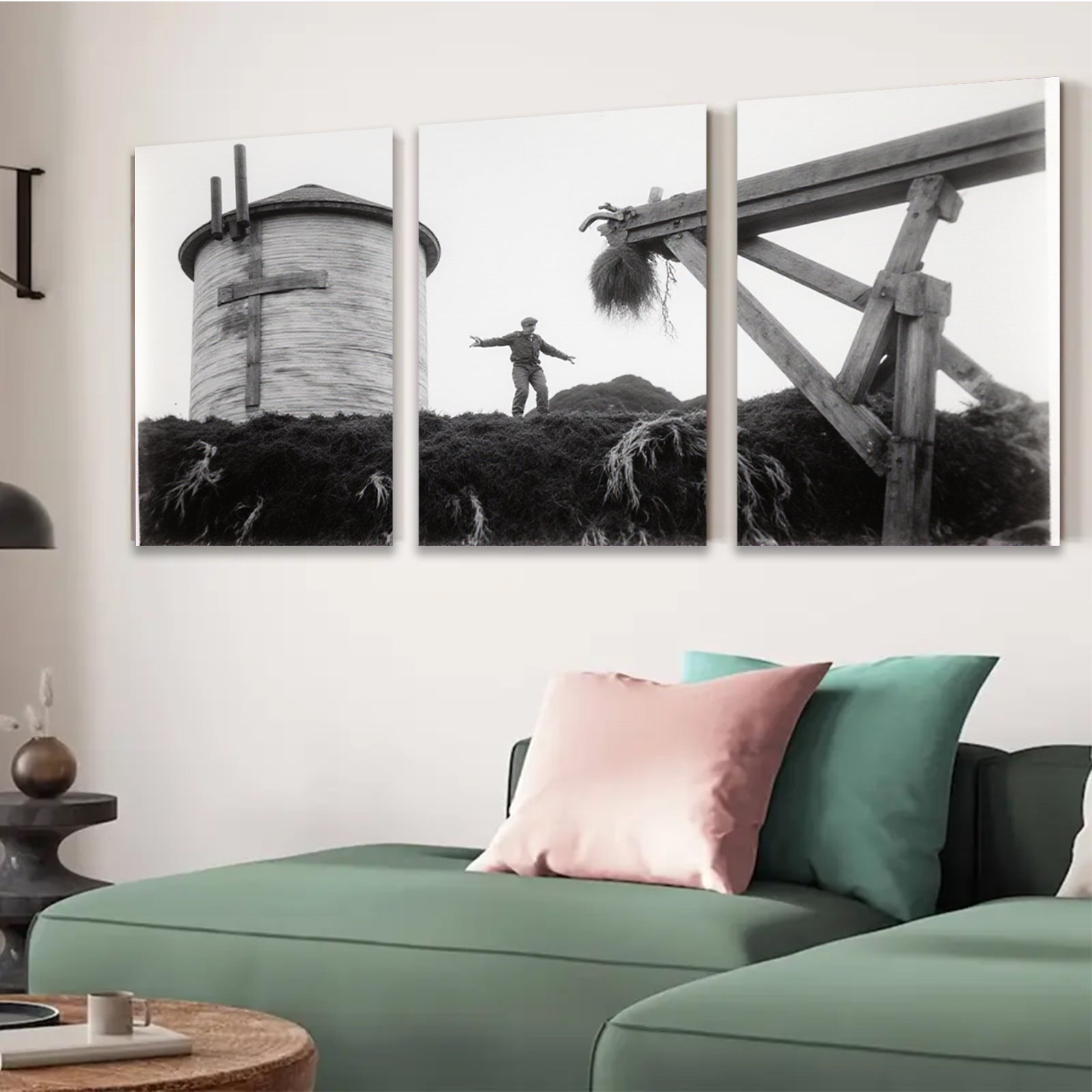 2D flat 1pc Haystack Worker Near Water Tower Farm Life Nostalgia Rustic Wall Decor Living Room Bedroom Kitchen Gallery Wrapped Canvas Print