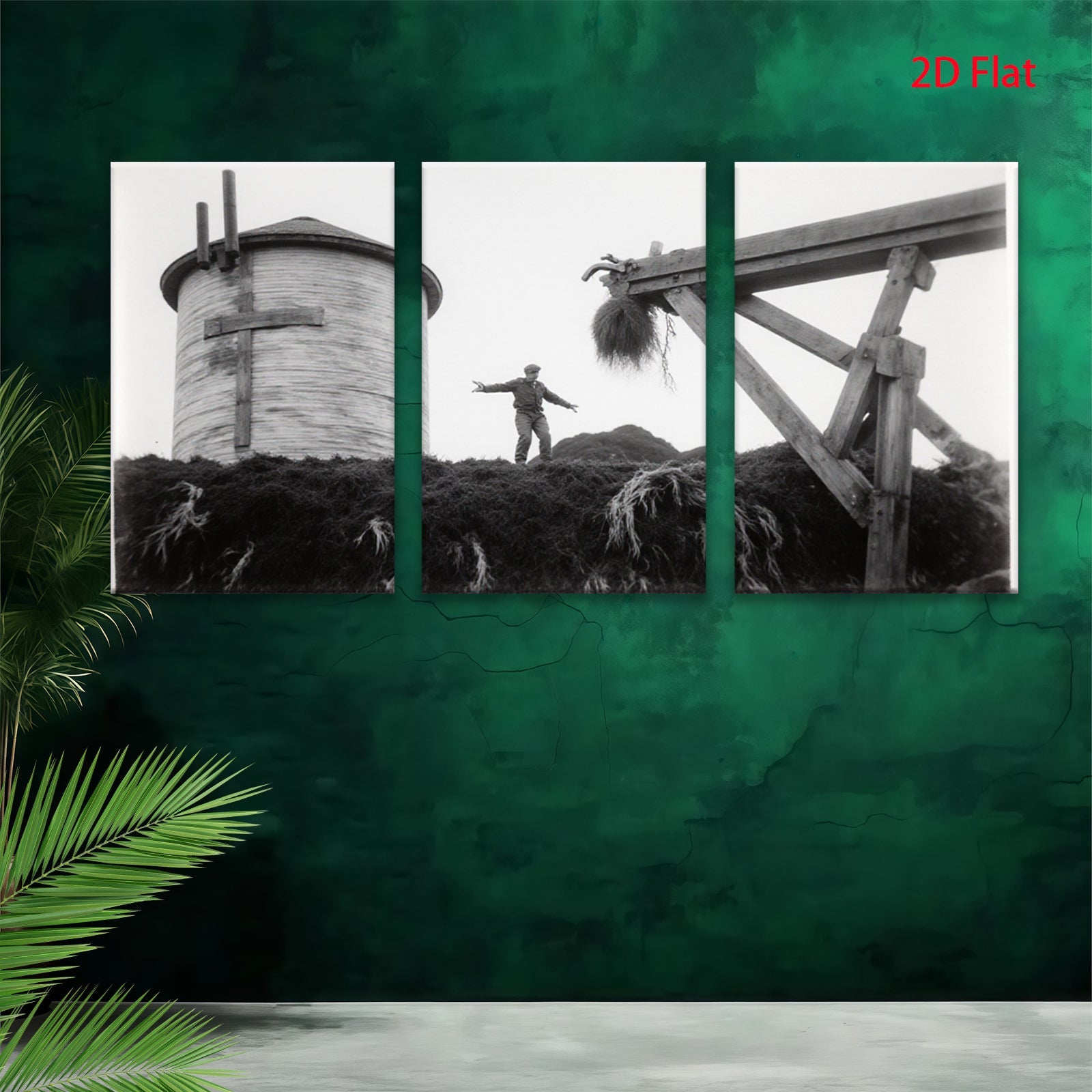 2D flat 1pc Haystack Worker Near Water Tower Farm Life Nostalgia Rustic Wall Decor Living Room Bedroom Kitchen Gallery Wrapped Canvas Print