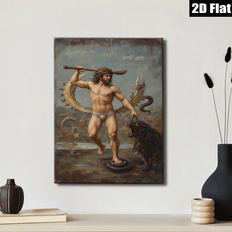 2D flat 1pc Hercules Taming Nemean Lion Mythological Hero Wall Art Decor Living Room Bedroom Gallery Wrapped Canvas Prints Modern Farmhouse Style