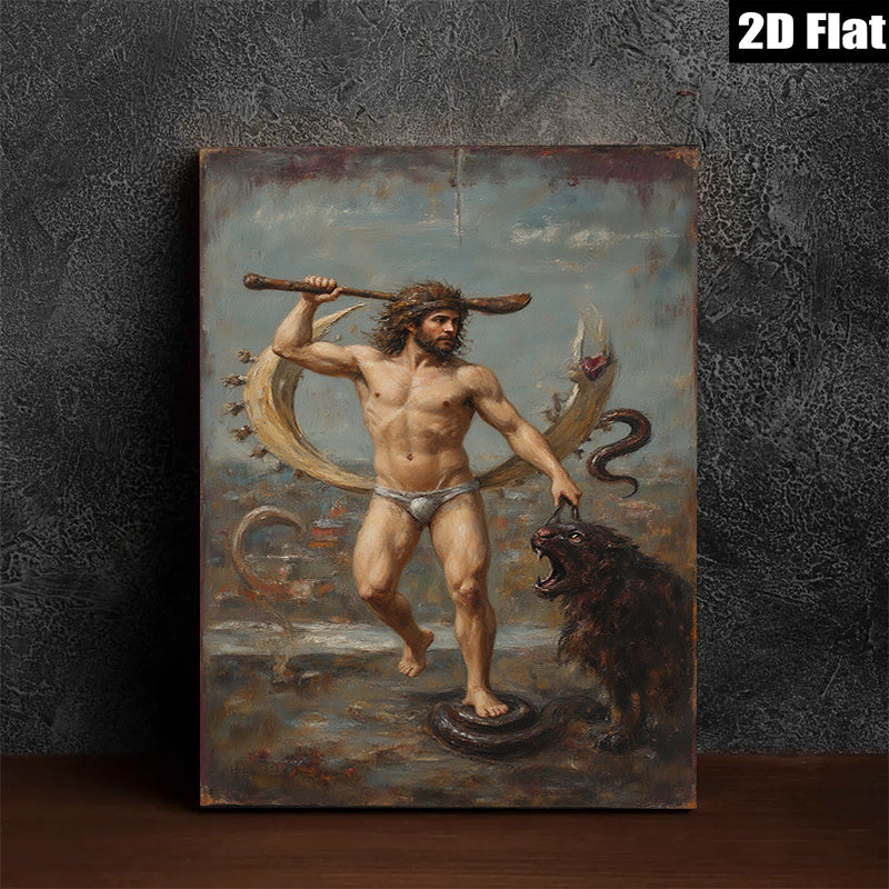 2D flat 1pc Hercules Taming Nemean Lion Mythological Hero Wall Art Decor Living Room Bedroom Gallery Wrapped Canvas Prints Modern Farmhouse Style