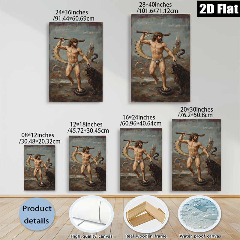 2D flat 1pc Hercules Taming Nemean Lion Mythological Hero Wall Art Decor Living Room Bedroom Gallery Wrapped Canvas Prints Modern Farmhouse Style