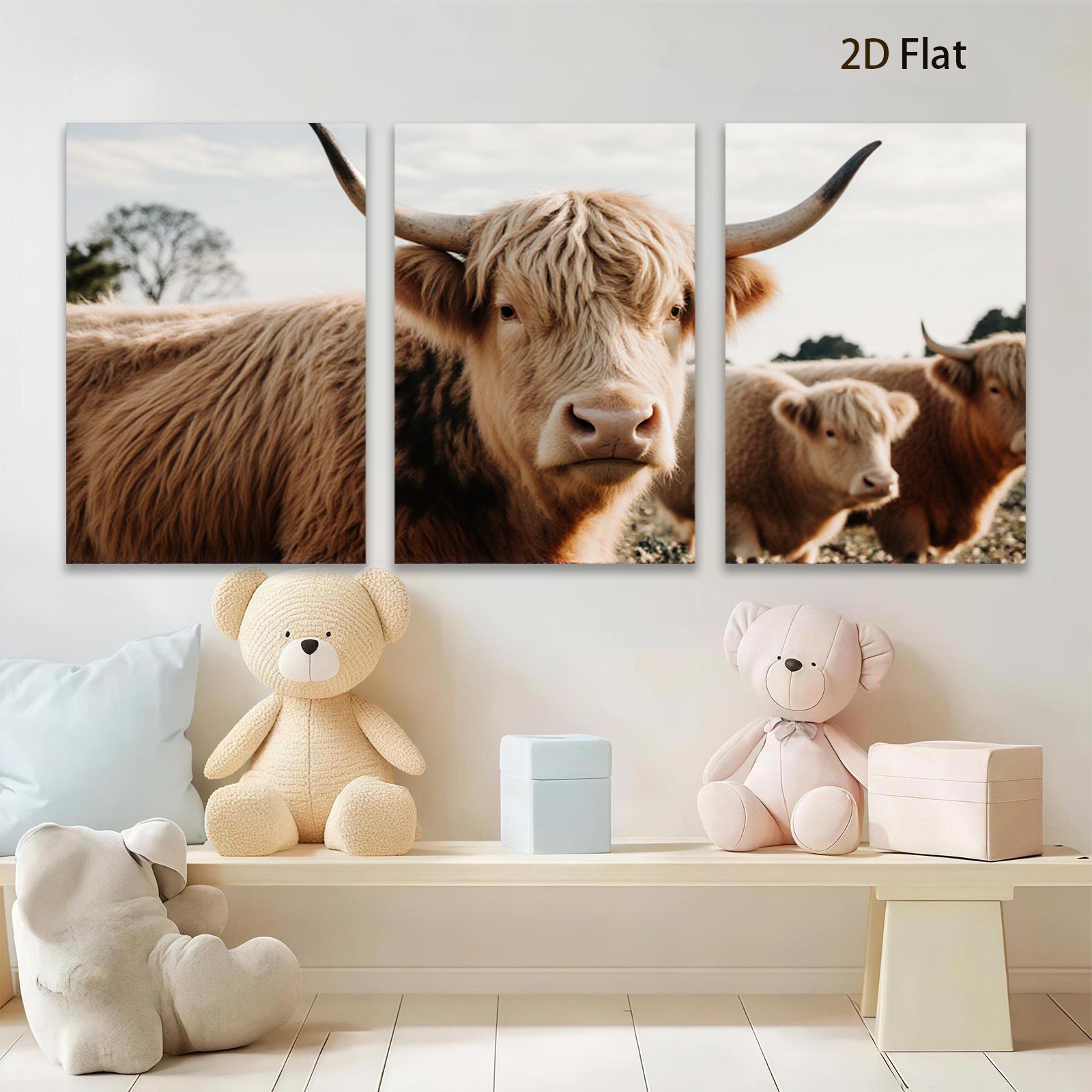 2D flat 1pc Highland Cow Farm Animal Portrait Rustic Wall Art Decor Living Room Bedroom Gallery Wrapped Canvas Prints Modern Farmhouse Aesthetic Cozy Home Décor