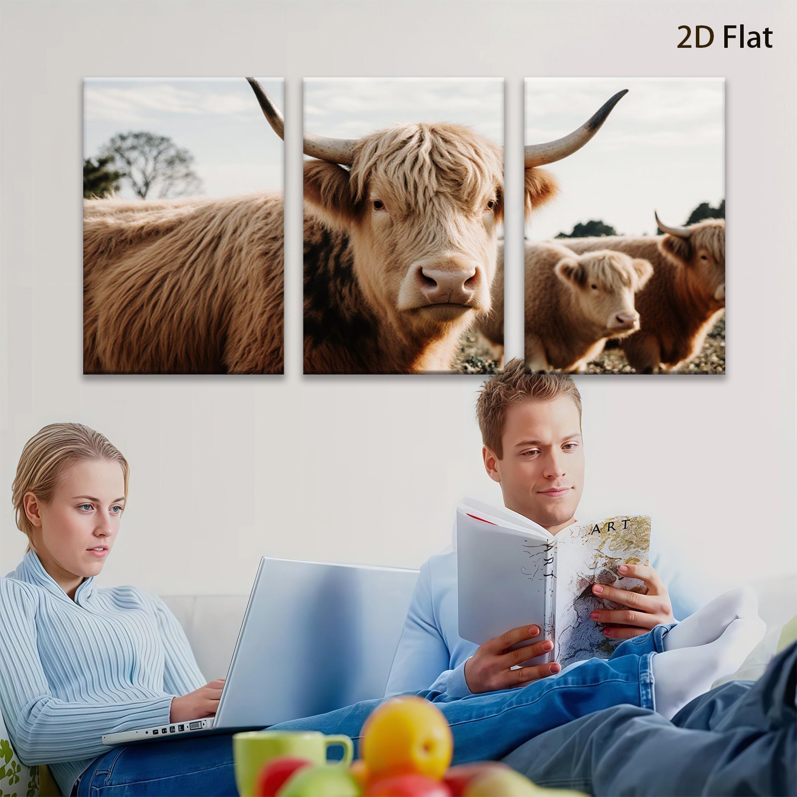 2D flat 1pc Highland Cow Farm Animal Portrait Rustic Wall Art Decor Living Room Bedroom Gallery Wrapped Canvas Prints Modern Farmhouse Aesthetic Cozy Home Décor