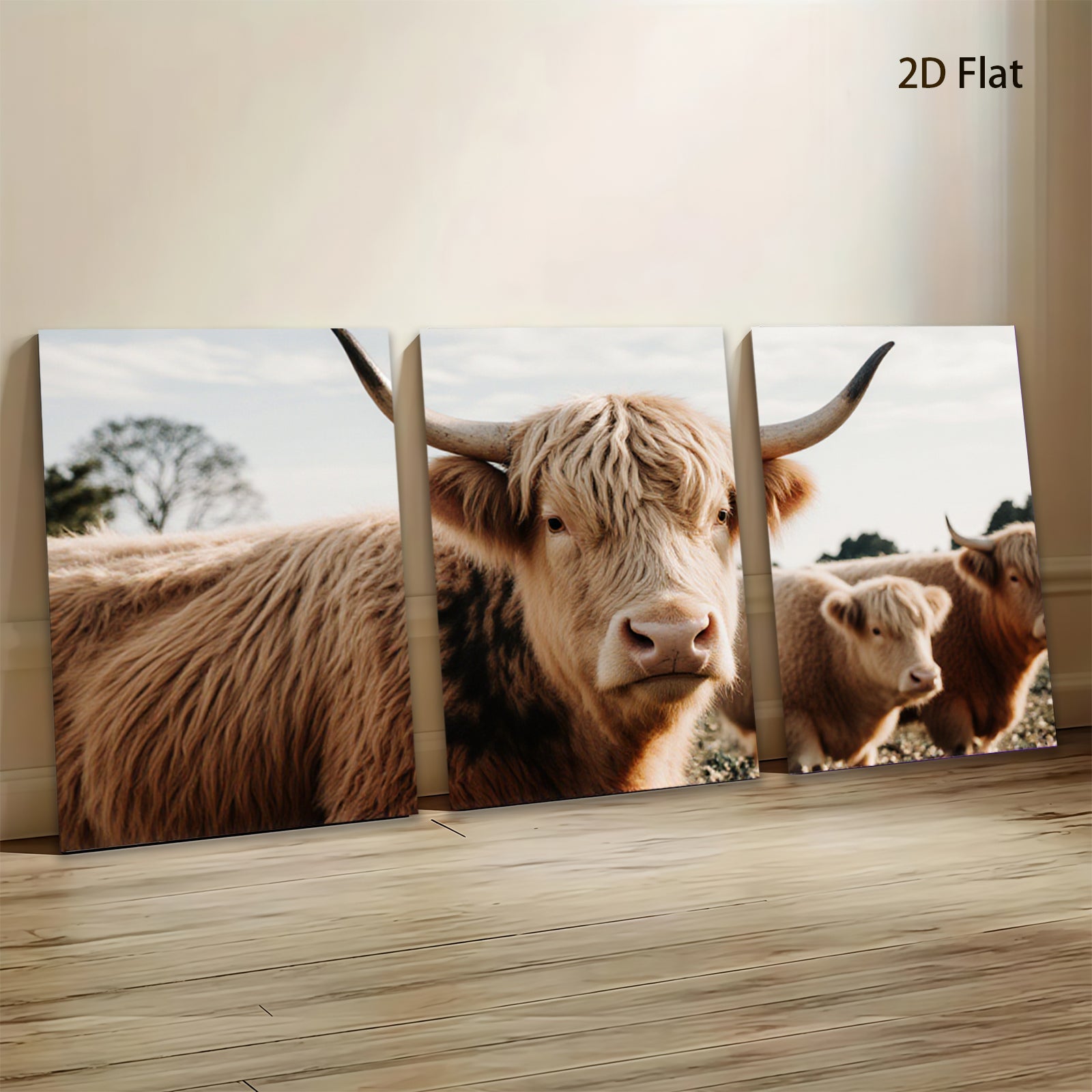 2D flat 1pc Highland Cow Farm Animal Portrait Rustic Wall Art Decor Living Room Bedroom Gallery Wrapped Canvas Prints Modern Farmhouse Aesthetic Cozy Home Décor