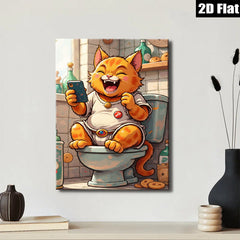 2D flat 1pc Hilarious feline enjoying phone time on toilet bathroom wall art modern farmhouse decor living room bedroom kids room gallery wrapped canvas prints