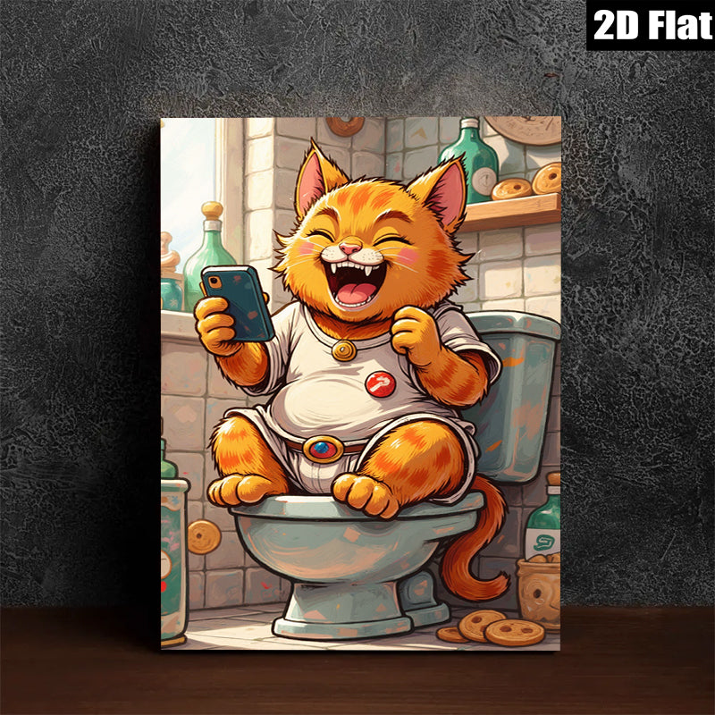 2D flat 1pc Hilarious feline enjoying phone time on toilet bathroom wall art modern farmhouse decor living room bedroom kids room gallery wrapped canvas prints
