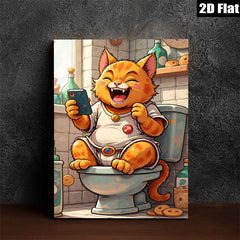 2D flat 1pc Hilarious feline enjoying phone time on toilet bathroom wall art modern farmhouse decor living room bedroom kids room gallery wrapped canvas prints
