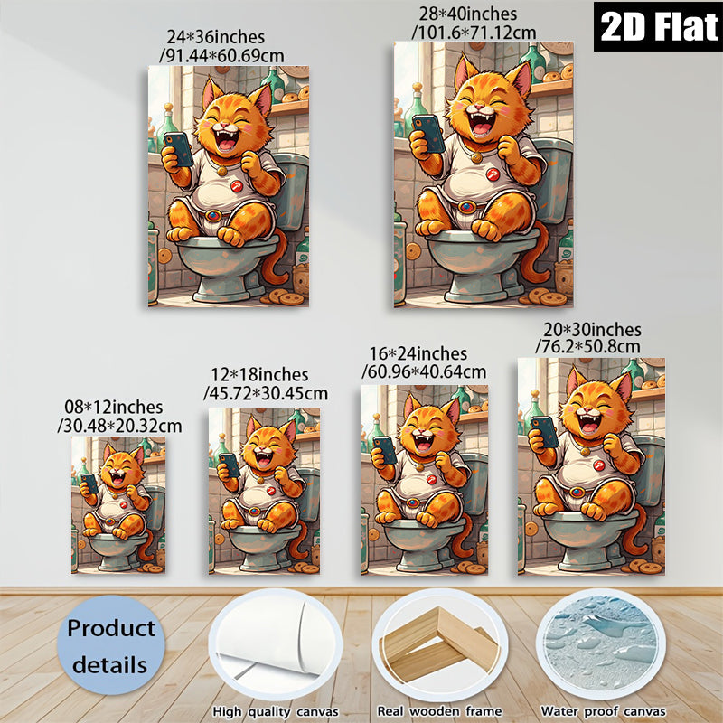 2D flat 1pc Hilarious feline enjoying phone time on toilet bathroom wall art modern farmhouse decor living room bedroom kids room gallery wrapped canvas prints