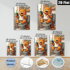 2D flat 1pc Hilarious feline enjoying phone time on toilet bathroom wall art modern farmhouse decor living room bedroom kids room gallery wrapped canvas prints