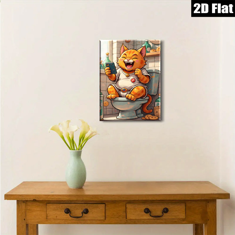 2D flat 1pc Hilarious feline enjoying phone time on toilet bathroom wall art modern farmhouse decor living room bedroom kids room gallery wrapped canvas prints