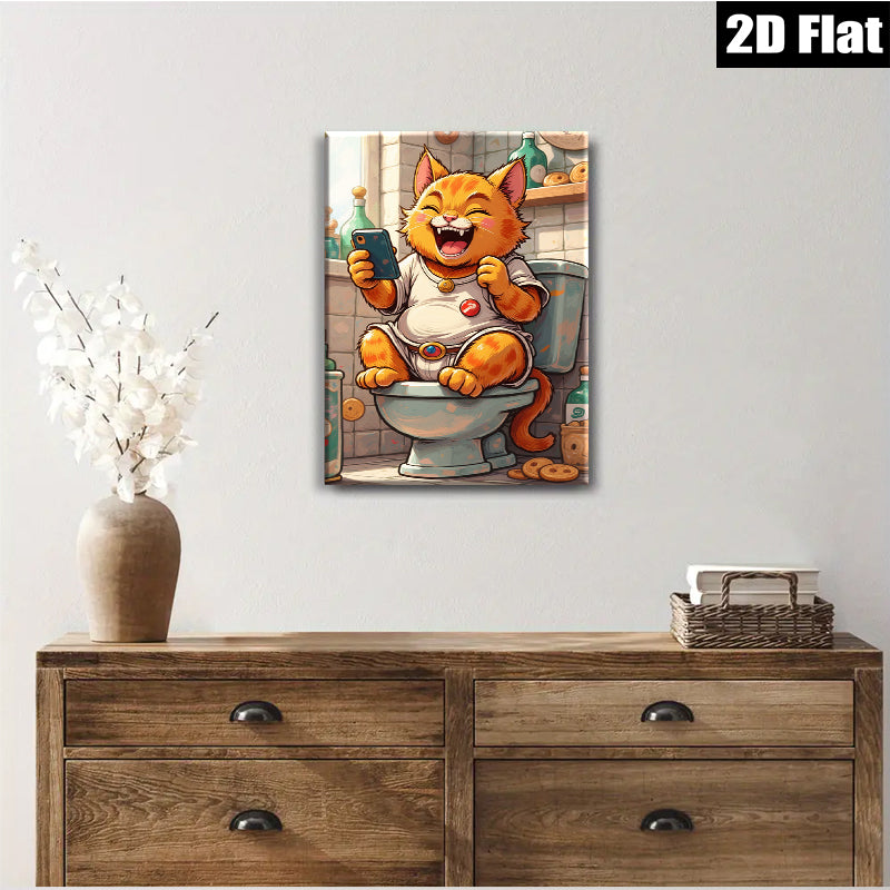 2D flat 1pc Hilarious feline enjoying phone time on toilet bathroom wall art modern farmhouse decor living room bedroom kids room gallery wrapped canvas prints