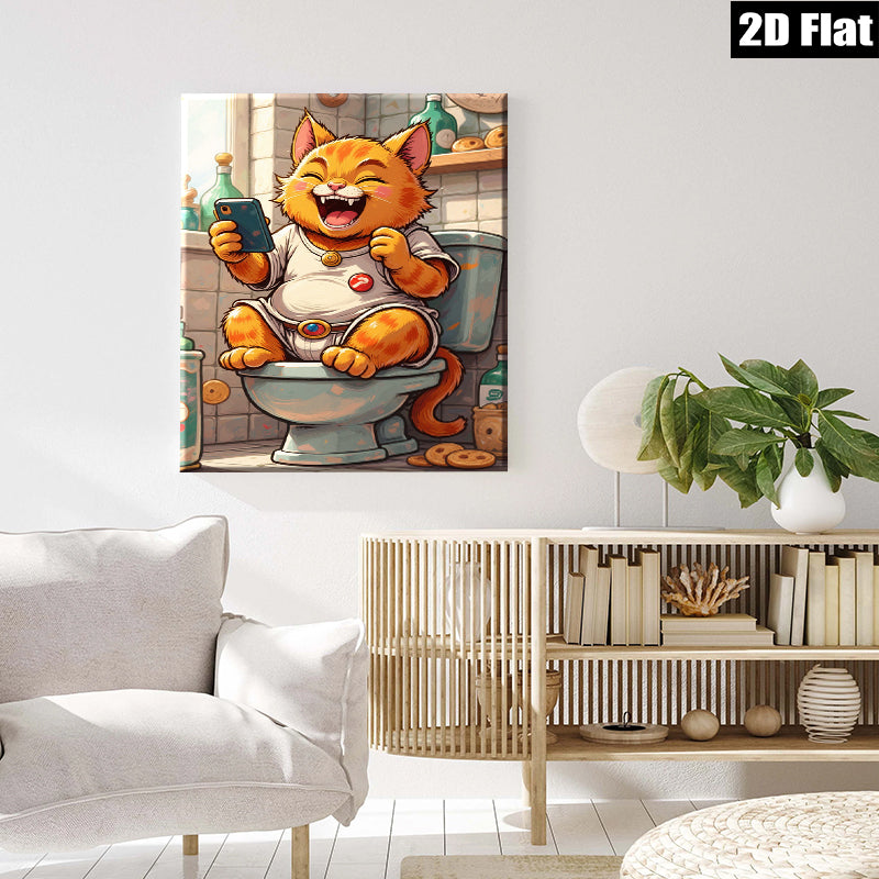 2D flat 1pc Hilarious feline enjoying phone time on toilet bathroom wall art modern farmhouse decor living room bedroom kids room gallery wrapped canvas prints