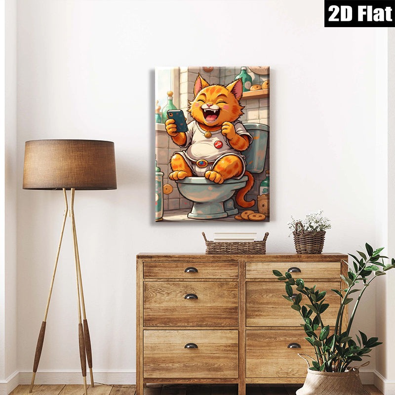 2D flat 1pc Hilarious feline enjoying phone time on toilet bathroom wall art modern farmhouse decor living room bedroom kids room gallery wrapped canvas prints