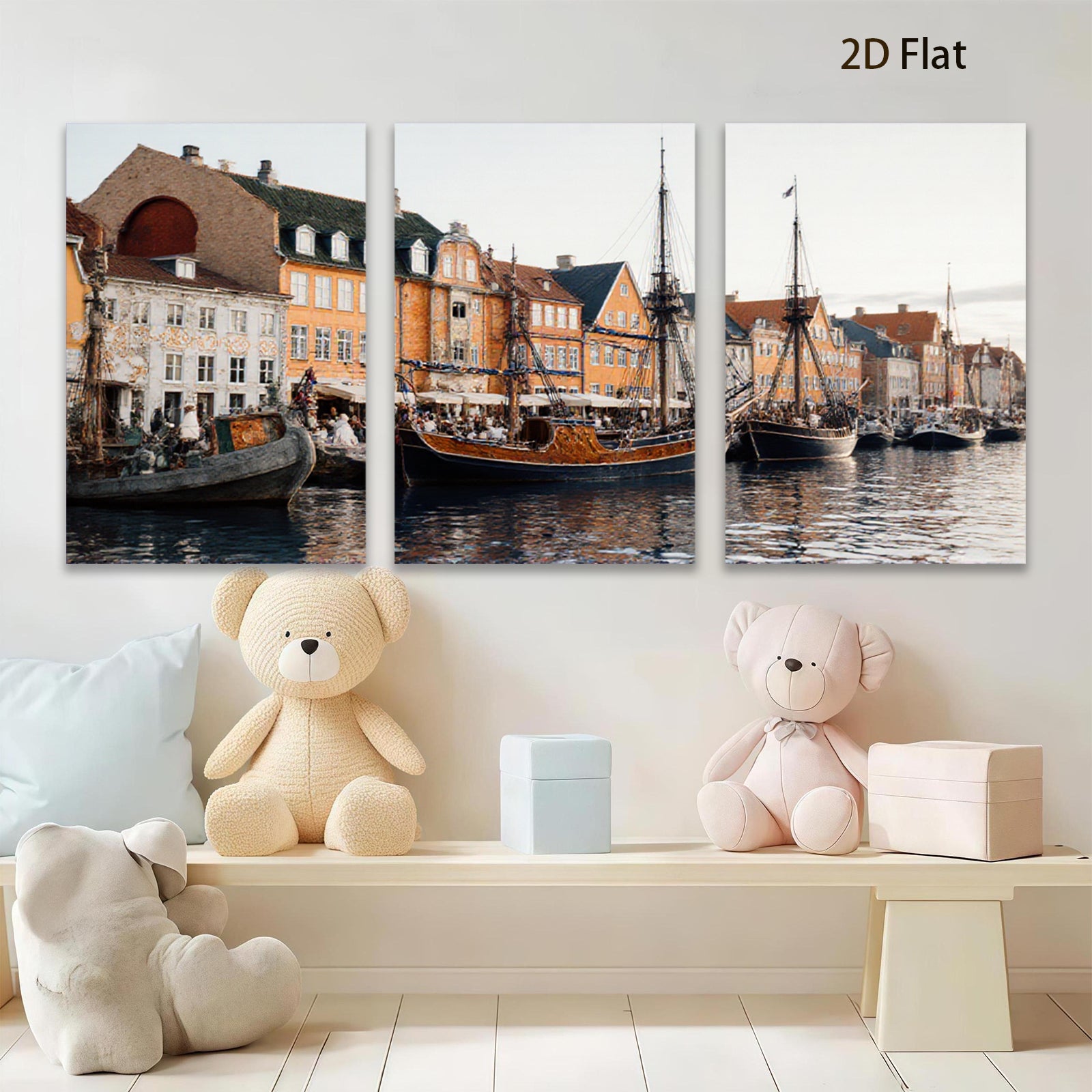 2D flat 1pc Historic Danish Harbor Scene Coastal Wall Art Living Room Bedroom Decor Farmhouse Style Canvas Prints Modern Artwork Gallery Wrapped Ready to Hang