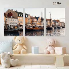 2D flat 1pc Historic Danish Harbor Scene Coastal Wall Art Living Room Bedroom Decor Farmhouse Style Canvas Prints Modern Artwork Gallery Wrapped Ready to Hang