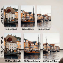 2D flat 1pc Historic Danish Harbor Scene Coastal Wall Art Living Room Bedroom Decor Farmhouse Style Canvas Prints Modern Artwork Gallery Wrapped Ready to Hang