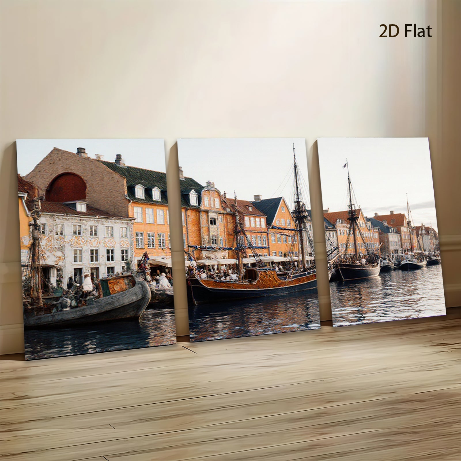 2D flat 1pc Historic Danish Harbor Scene Coastal Wall Art Living Room Bedroom Decor Farmhouse Style Canvas Prints Modern Artwork Gallery Wrapped Ready to Hang