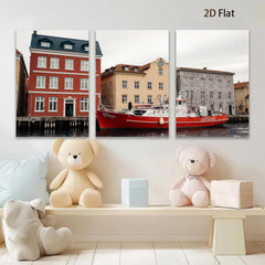 2D flat 1pc Historic European Canal Scene Waterfront Boat View Living Room Bedroom Wall Decor Farmhouse Rustic Modern Gallery Wrapped Canvas Print