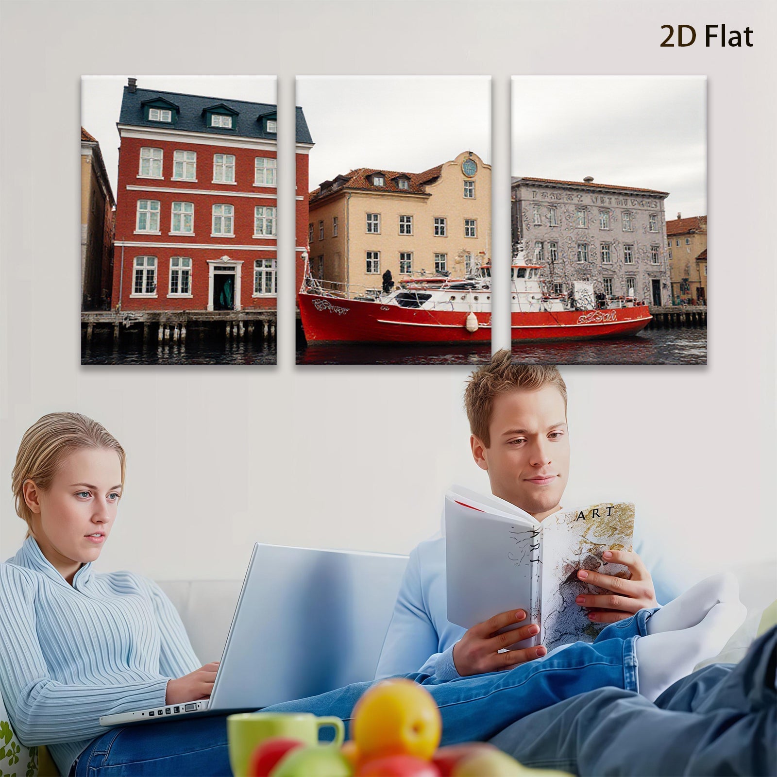 2D flat 1pc Historic European Canal Scene Waterfront Boat View Living Room Bedroom Wall Decor Farmhouse Rustic Modern Gallery Wrapped Canvas Print