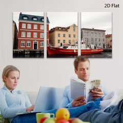 2D flat 1pc Historic European Canal Scene Waterfront Boat View Living Room Bedroom Wall Decor Farmhouse Rustic Modern Gallery Wrapped Canvas Print