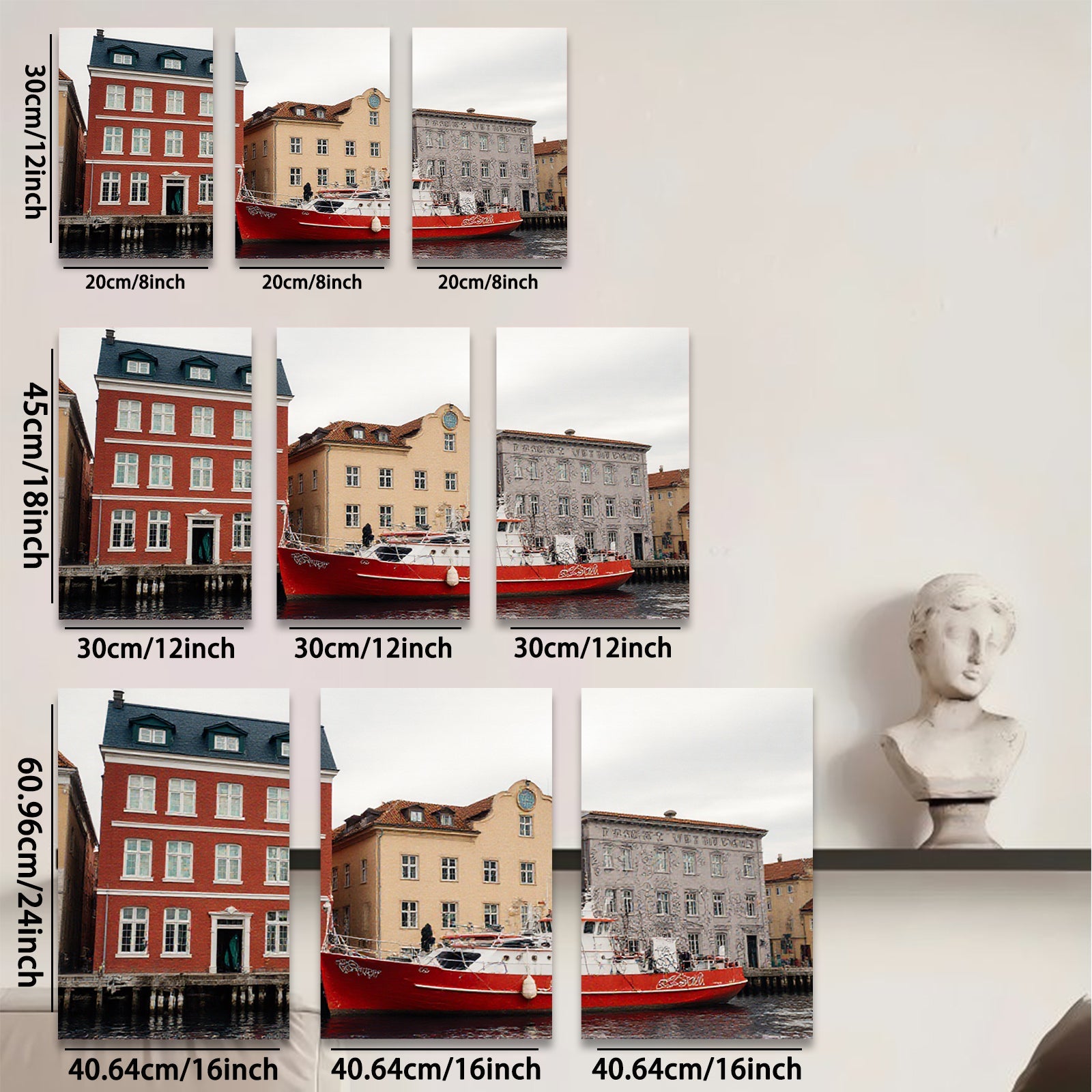 2D flat 1pc Historic European Canal Scene Waterfront Boat View Living Room Bedroom Wall Decor Farmhouse Rustic Modern Gallery Wrapped Canvas Print