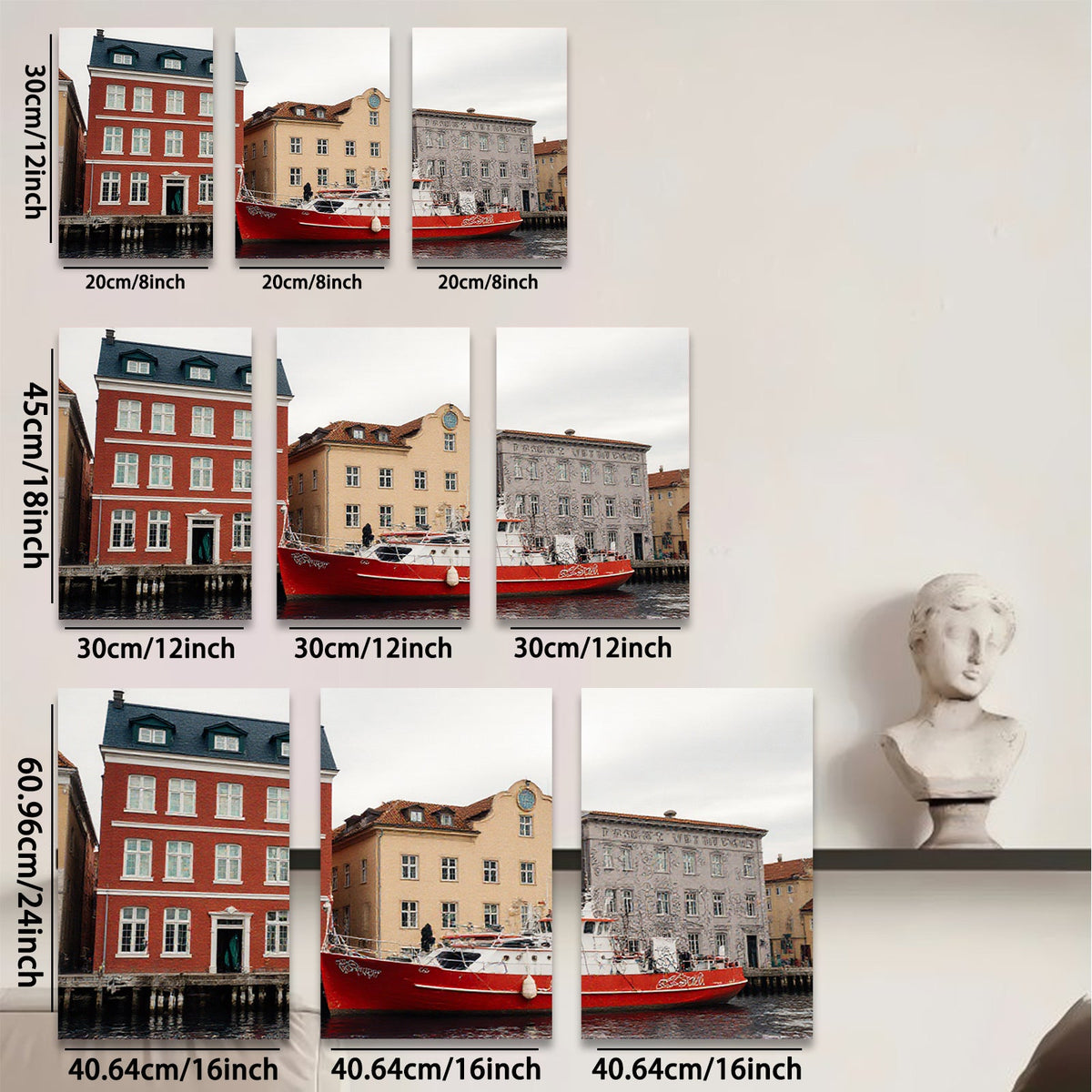 2D flat 1pc Historic European Canal Scene Waterfront Boat View Living Room Bedroom Wall Decor Farmhouse Rustic Modern Gallery Wrapped Canvas Print