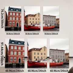 2D flat 1pc Historic European Canal Scene Waterfront Boat View Living Room Bedroom Wall Decor Farmhouse Rustic Modern Gallery Wrapped Canvas Print