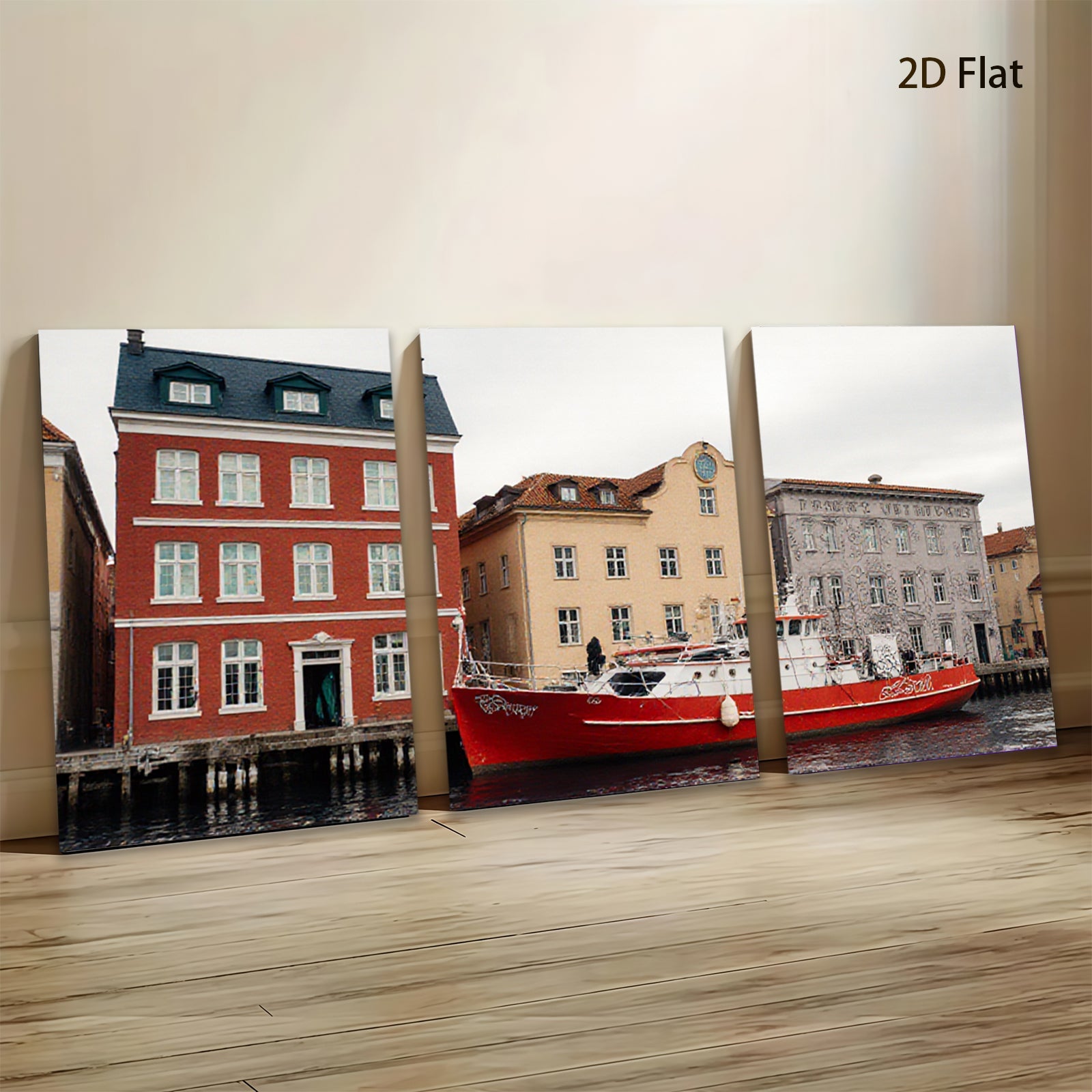 2D flat 1pc Historic European Canal Scene Waterfront Boat View Living Room Bedroom Wall Decor Farmhouse Rustic Modern Gallery Wrapped Canvas Print