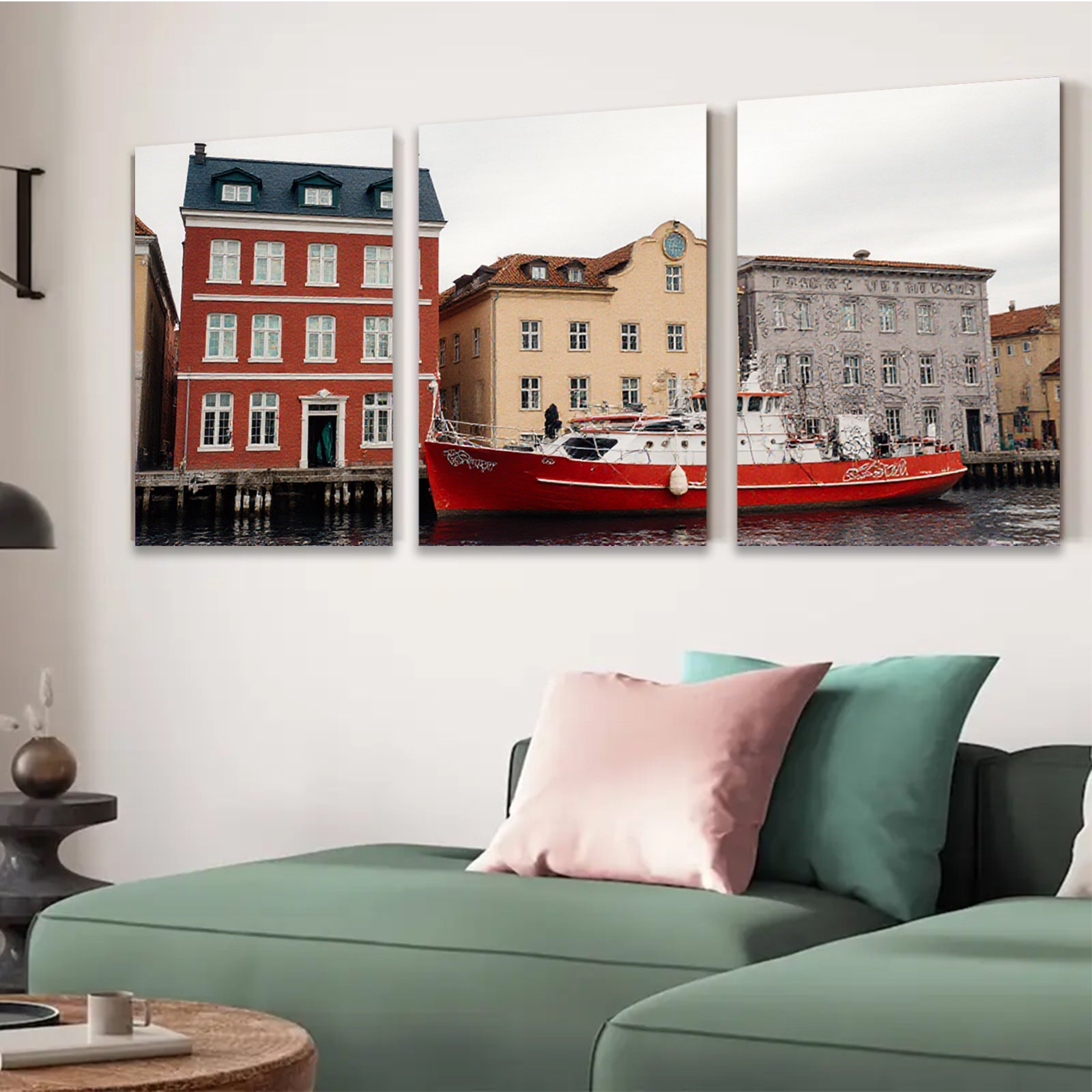 2D flat 1pc Historic European Canal Scene Waterfront Boat View Living Room Bedroom Wall Decor Farmhouse Rustic Modern Gallery Wrapped Canvas Print