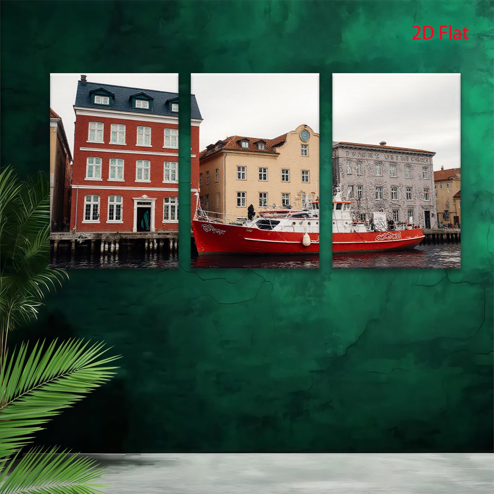 2D flat 1pc Historic European Canal Scene Waterfront Boat View Living Room Bedroom Wall Decor Farmhouse Rustic Modern Gallery Wrapped Canvas Print