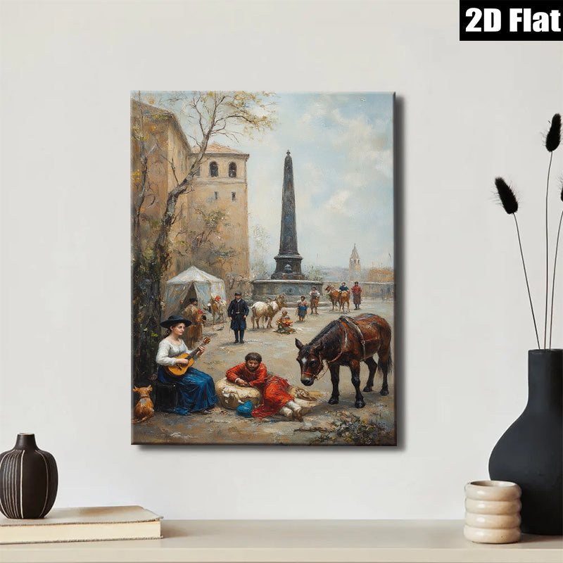 2D flat 1pc Historic European Street Scene with Musicians & Horses Farmhouse Wall Art Living Room Decor Bedroom Gallery Wrapped Canvas Prints Modern Rustic Style