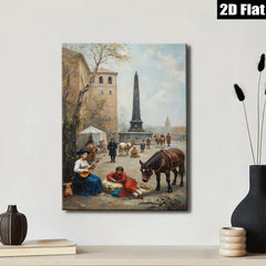 2D flat 1pc Historic European Street Scene with Musicians & Horses Farmhouse Wall Art Living Room Decor Bedroom Gallery Wrapped Canvas Prints Modern Rustic Style