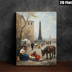 2D flat 1pc Historic European Street Scene with Musicians & Horses Farmhouse Wall Art Living Room Decor Bedroom Gallery Wrapped Canvas Prints Modern Rustic Style