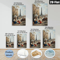 2D flat 1pc Historic European Street Scene with Musicians & Horses Farmhouse Wall Art Living Room Decor Bedroom Gallery Wrapped Canvas Prints Modern Rustic Style
