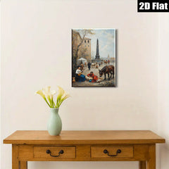2D flat 1pc Historic European Street Scene with Musicians & Horses Farmhouse Wall Art Living Room Decor Bedroom Gallery Wrapped Canvas Prints Modern Rustic Style