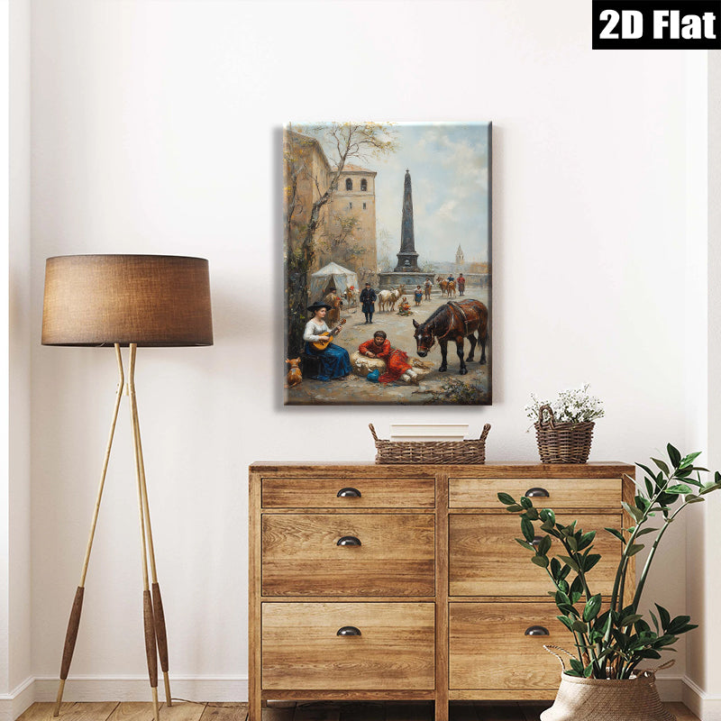 2D flat 1pc Historic European Street Scene with Musicians & Horses Farmhouse Wall Art Living Room Decor Bedroom Gallery Wrapped Canvas Prints Modern Rustic Style