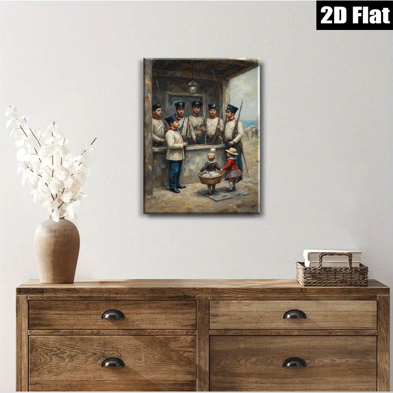 2D flat 1pc Historic Soldiers Guarding Young Girl with Basket Farmhouse Wall Decor Living Room Bedroom Art Canvas Prints Modern Rustic Style Home Decorations