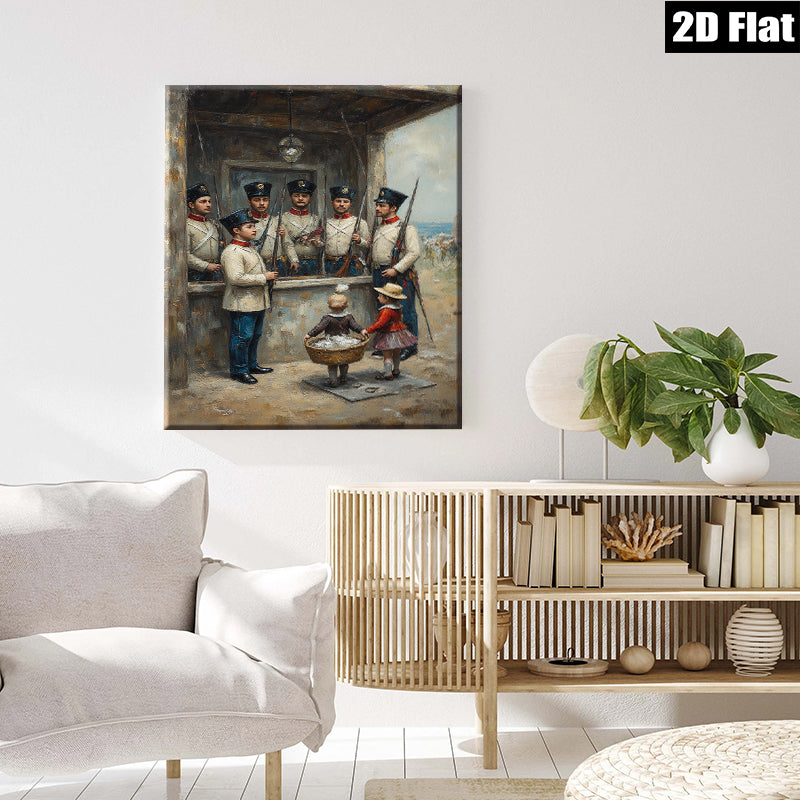 2D flat 1pc Historic Soldiers Guarding Young Girl with Basket Farmhouse Wall Decor Living Room Bedroom Art Canvas Prints Modern Rustic Style Home Decorations