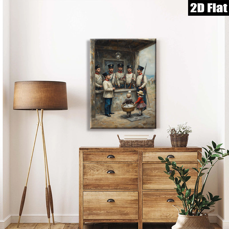 2D flat 1pc Historic Soldiers Guarding Young Girl with Basket Farmhouse Wall Decor Living Room Bedroom Art Canvas Prints Modern Rustic Style Home Decorations