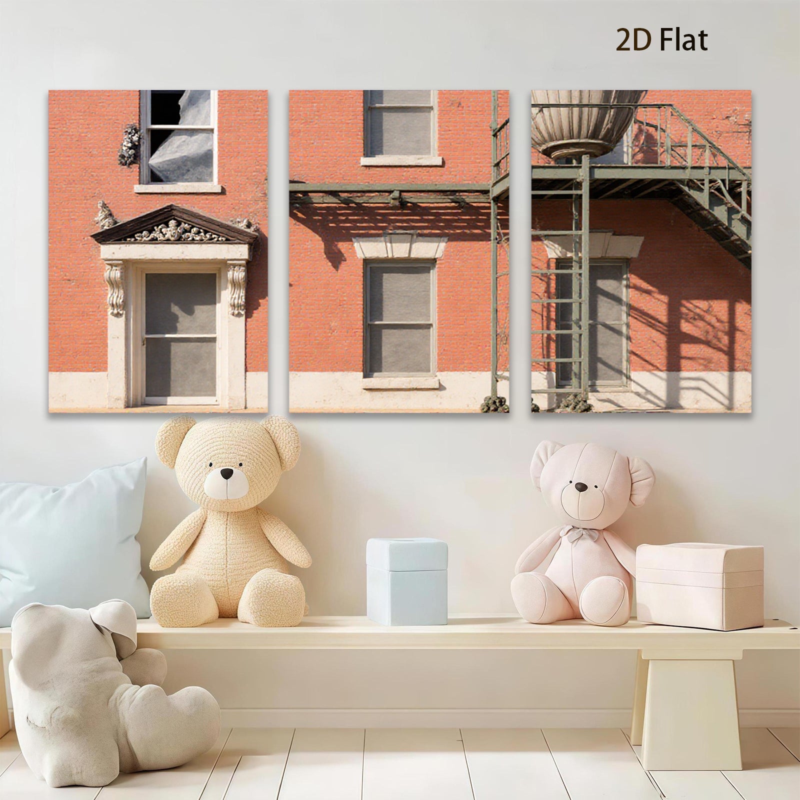 2D flat 1pc Historic brick facade with fire escape entryway gallery wall art modern farmhouse decor living room bedroom office