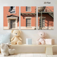 2D flat 1pc Historic brick facade with fire escape entryway gallery wall art modern farmhouse decor living room bedroom office