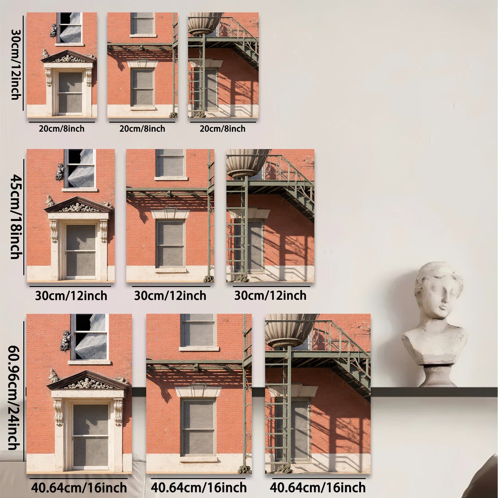 2D flat 1pc Historic brick facade with fire escape entryway gallery wall art modern farmhouse decor living room bedroom office
