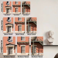 2D flat 1pc Historic brick facade with fire escape entryway gallery wall art modern farmhouse decor living room bedroom office