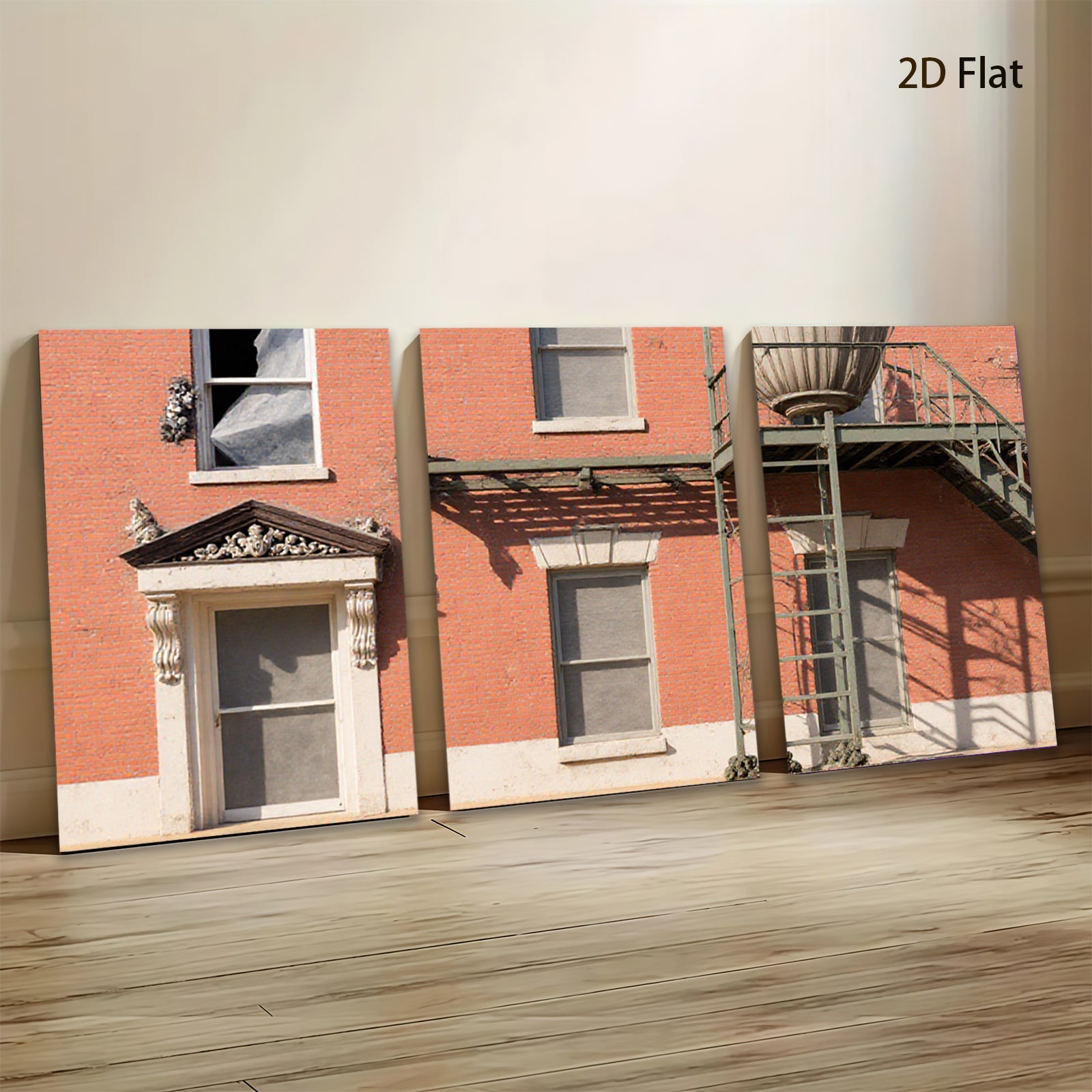 2D flat 1pc Historic brick facade with fire escape entryway gallery wall art modern farmhouse decor living room bedroom office