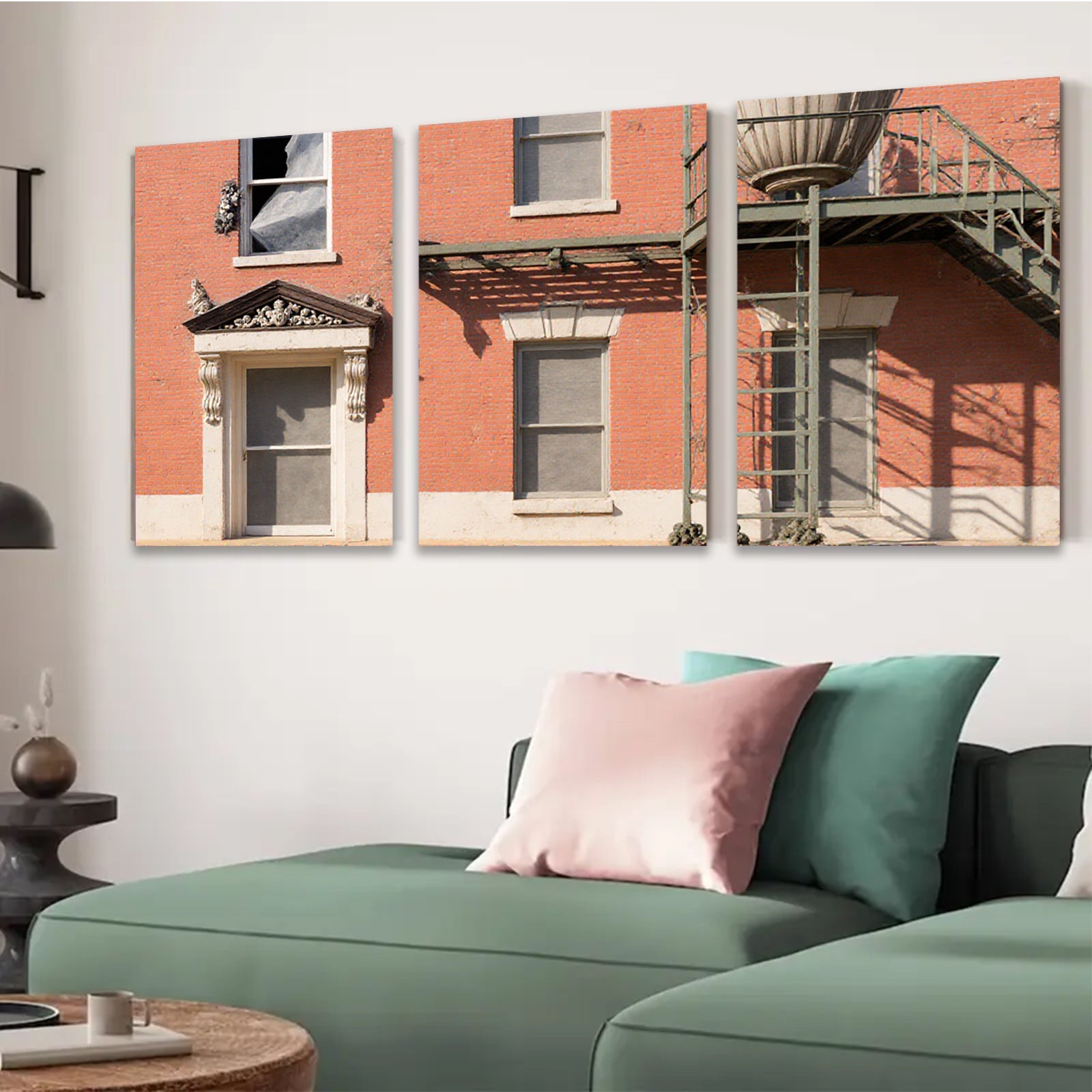 2D flat 1pc Historic brick facade with fire escape entryway gallery wall art modern farmhouse decor living room bedroom office