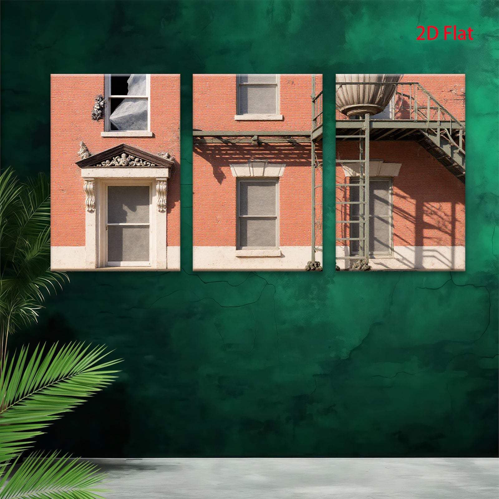 2D flat 1pc Historic brick facade with fire escape entryway gallery wall art modern farmhouse decor living room bedroom office